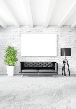 Çatı katı yatak odasında modern tarzı iç tasarım eklektik duvar ve şık kanepe. 3D render.