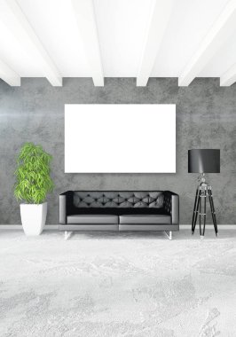 Çatı katı yatak odasında modern tarzı iç tasarım eklektik duvar ve şık kanepe. 3D render.