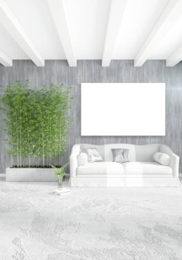 Çatı katı yatak odasında modern tarzı iç tasarım eklektik duvar ve şık kanepe. 3D render.