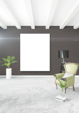 Çatı katı yatak odasında modern tarzı iç tasarım eklektik duvar ve şık kanepe. 3D render.