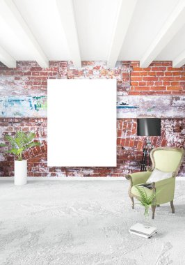 Çatı katı yatak odasında modern tarzı iç tasarım eklektik duvar ve şık kanepe. 3D render.