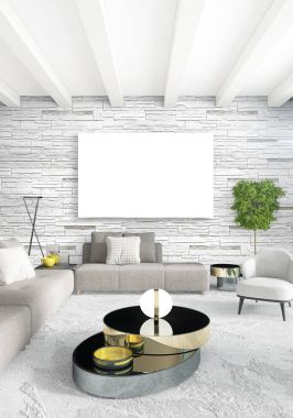 Çatı katı yatak odasında modern tarzı iç tasarım eklektik duvar ve şık kanepe. 3D render.