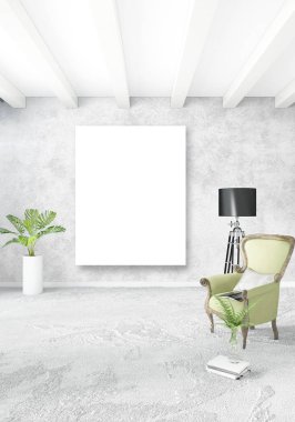 Çatı katı yatak odasında modern tarzı iç tasarım eklektik duvar ve şık kanepe. 3D render.