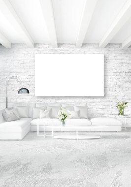 Çatı katı yatak odasında modern tarzı iç tasarım eklektik duvar ve şık kanepe. 3D render.