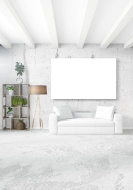 Çatı katı yatak odasında modern tarzı iç tasarım eklektik duvar ve şık kanepe. 3D render.