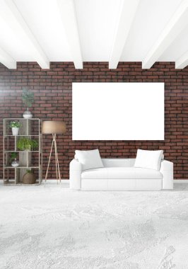 Çatı katı yatak odasında modern tarzı iç tasarım eklektik duvar ve şık kanepe. 3D render.