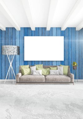 Çatı katı yatak odasında modern tarzı iç tasarım eklektik duvar ve şık kanepe. 3D render.