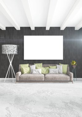 Çatı katı yatak odasında modern tarzı iç tasarım eklektik duvar ve şık kanepe. 3D render.