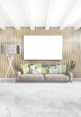 Çatı katı yatak odasında modern tarzı iç tasarım eklektik duvar ve şık kanepe. 3D render.