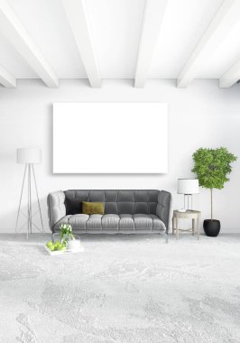 Çatı katı yatak odasında modern tarzı iç tasarım eklektik duvar ve şık kanepe. 3D render.