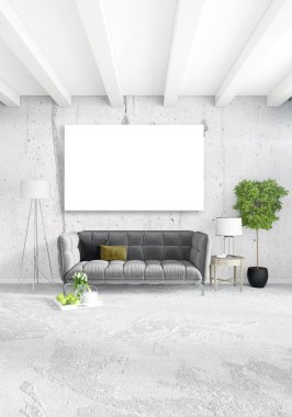 Çatı katı yatak odasında modern tarzı iç tasarım eklektik duvar ve şık kanepe. 3D render.