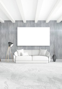 Çatı katı yatak odasında modern tarzı iç tasarım eklektik duvar ve şık kanepe. 3D render.