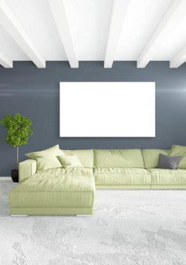 Çatı katı yatak odasında modern tarzı iç tasarım eklektik duvar ve şık kanepe. 3D render.