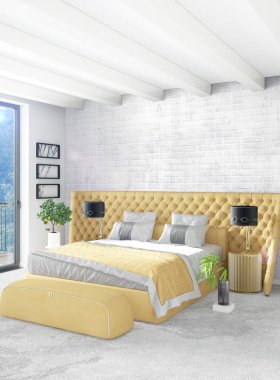 Sarı yatak odası veya oturma odası dekorasyon duvar ve şık mobilya yayan ile modern tarzda. 3D render.