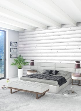 Çatı katı yatak odasında modern tarzı iç tasarım eklektik duvar ve şık kanepe. 3D render.