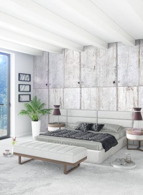 Çatı katı yatak odasında modern tarzı iç tasarım eklektik duvar ve şık kanepe. 3D render.