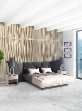 Çatı katı yatak odasında modern tarzı iç tasarım eklektik duvar ve şık kanepe. 3D render.