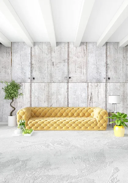 Çatı katı yatak odasında modern tarzı iç tasarım eklektik duvar ve şık kanepe. 3D render.