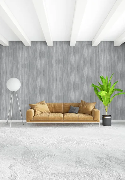 Çatı katı yatak odasında modern tarzı iç tasarım eklektik duvar ve şık kanepe. 3D render.