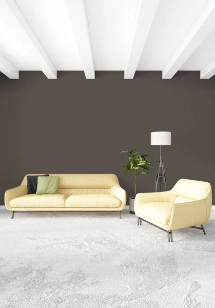 Sypialnią na poddaszu w nowoczesnym stylu wnętrz z eklektyczną ściany i stylową kanapą. renderowania 3D. — Zdjęcie stockowe