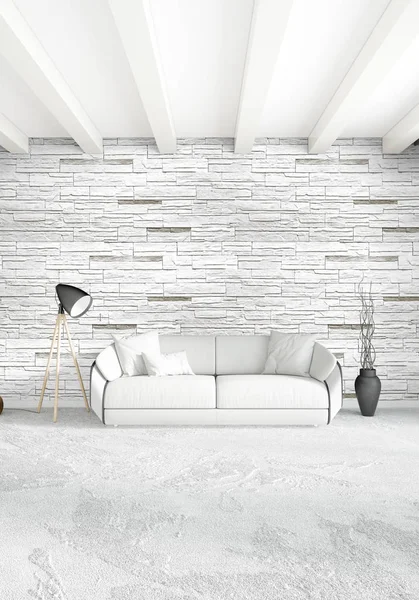 Çatı katı yatak odasında modern tarzı iç tasarım eklektik duvar ve şık kanepe. 3D render.