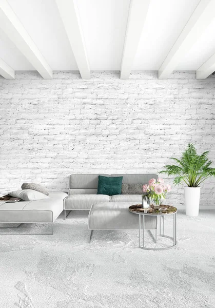 Çatı katı yatak odasında modern tarzı iç tasarım eklektik duvar ve şık kanepe. 3D render.