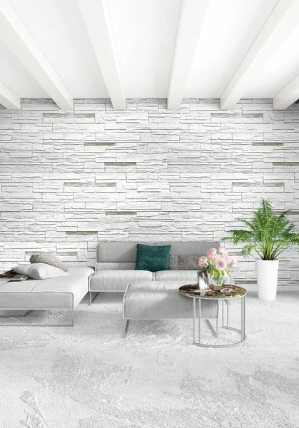 Çatı katı yatak odasında modern tarzı iç tasarım eklektik duvar ve şık kanepe. 3D render.