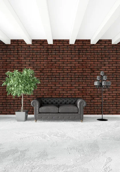 Çatı katı yatak odasında modern tarzı iç tasarım eklektik duvar ve şık kanepe. 3D render.