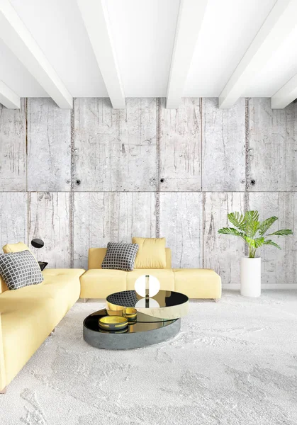 노란 침실 또는 거실 현대적인 스타일 exuding 벽과 세련 된 가구와 인테리어 디자인. 3 차원 렌더링. — 스톡 사진