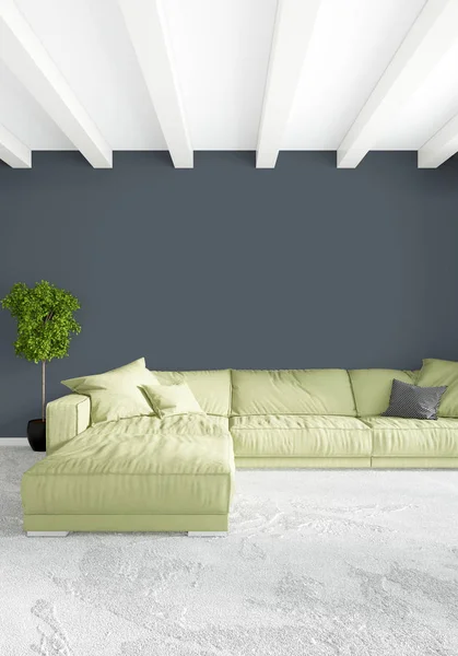 Çatı katı yatak odasında modern tarzı iç tasarım eklektik duvar ve şık kanepe. 3D render.