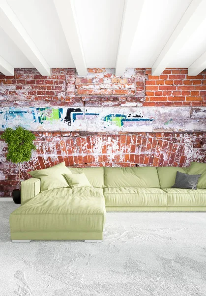 Лофт спальня в современном стиле интерьера с эклектичной стеной и стильным диваном. 3D рендеринг . — стоковое фото