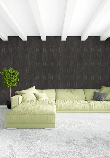 Çatı katı yatak odasında modern tarzı iç tasarım eklektik duvar ve şık kanepe. 3D render.