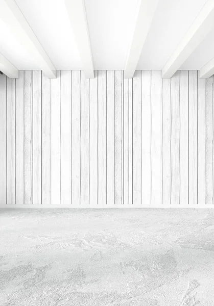 Dormitorio blanco vacío estilo minimalista Diseño interior con pared de madera y copyspace. Renderizado 3D . —  Fotos de Stock