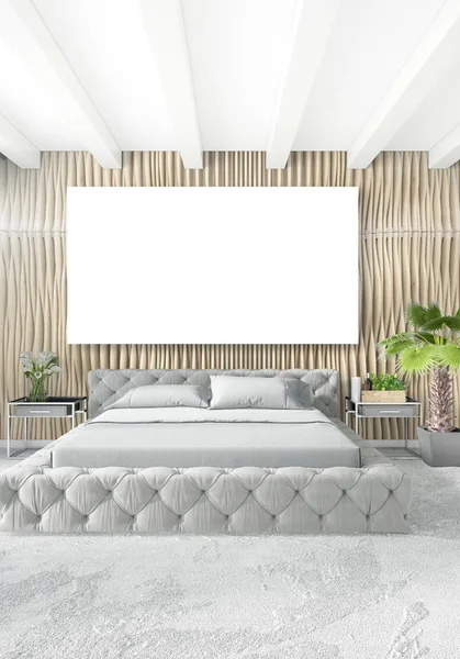 Çatı katı yatak odasında modern tarzı iç tasarım eklektik duvar ve şık kanepe. 3D render.