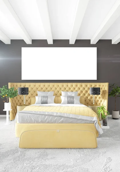 Camera da letto gialla o soggiorno in stile moderno Interior design con parete trasudante e mobili eleganti. Rendering 3D . — Foto Stock