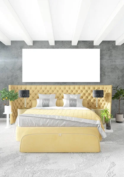 Çatı katı yatak odasında modern tarzı iç tasarım eklektik duvar ve şık kanepe. 3D render.