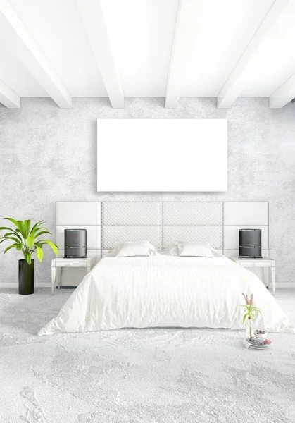 Kamar tidur loft dalam desain interior gaya modern dengan dinding eklektik dan sofa bergaya. Perenderan 3D . — Stok Foto