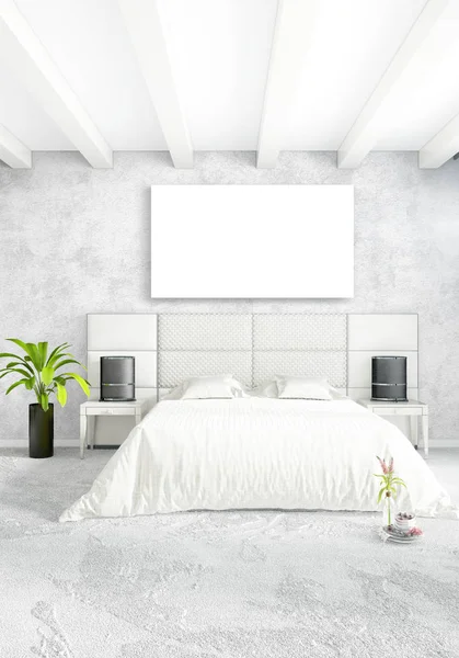 Çatı katı yatak odasında modern tarzı iç tasarım eklektik duvar ve şık kanepe. 3D render.