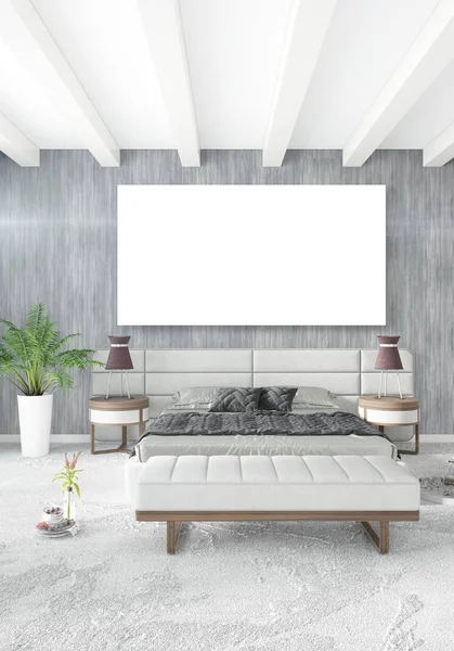 Çatı katı yatak odasında modern tarzı iç tasarım eklektik duvar ve şık kanepe. 3D render.