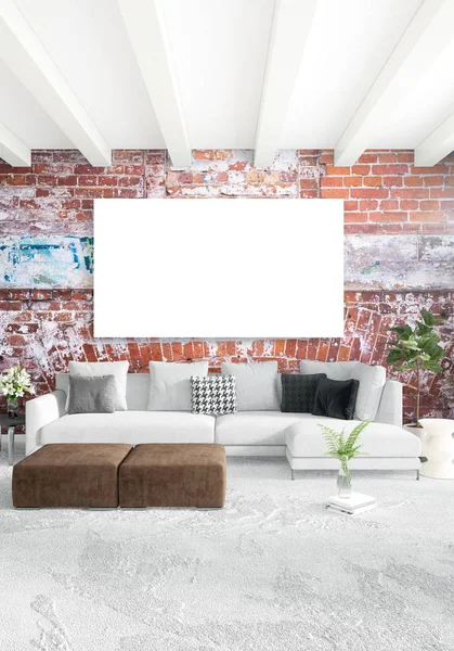 Çatı katı yatak odasında modern tarzı iç tasarım eklektik duvar ve şık kanepe. 3D render.