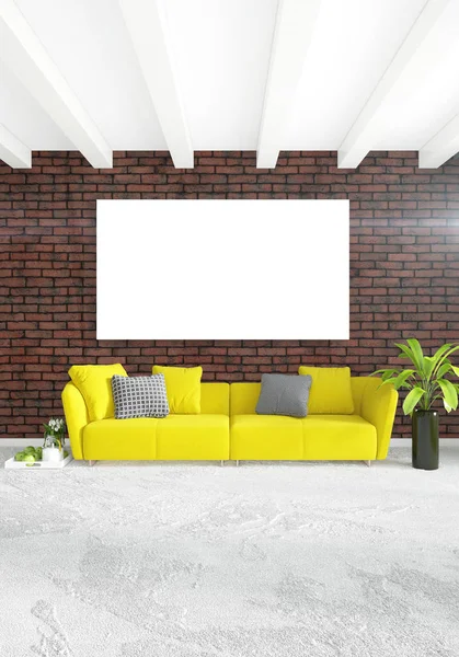 Kamar tidur kuning atau ruang tamu dengan gaya modern Desain interior dengan dinding yang memancar dan perabotan bergaya. Perenderan 3D . — Stok Foto