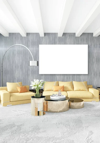 Loft dormitorio en diseño interior de estilo moderno con pared ecléctica y elegante sofá. Renderizado 3D . — Foto de Stock