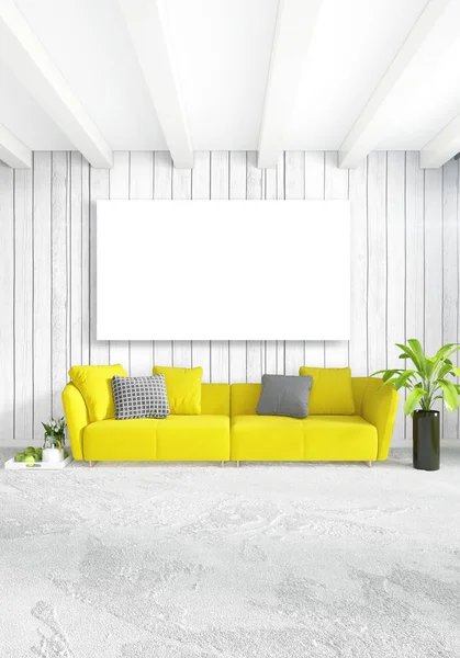 Gelbes Schlafzimmer oder Wohnzimmer in modernem Interieur mit ausladender Wand und stilvollem Mobiliar. 3D-Darstellung. — Stockfoto