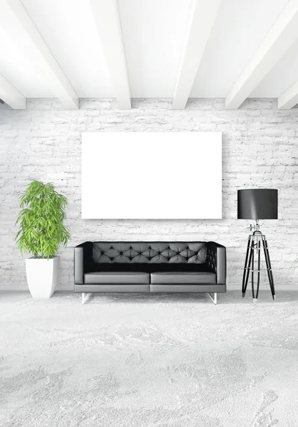 Çatı katı yatak odasında modern tarzı iç tasarım eklektik duvar ve şık kanepe. 3D render.