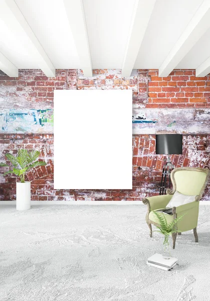 Çatı katı yatak odasında modern tarzı iç tasarım eklektik duvar ve şık kanepe. 3D render.