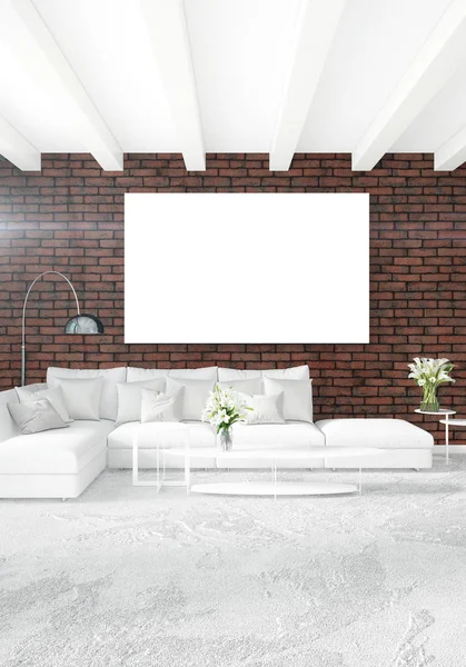 Çatı katı yatak odasında modern tarzı iç tasarım eklektik duvar ve şık kanepe. 3D render.