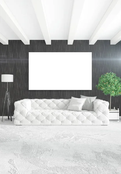 Çatı katı yatak odasında modern tarzı iç tasarım eklektik duvar ve şık kanepe. 3D render.