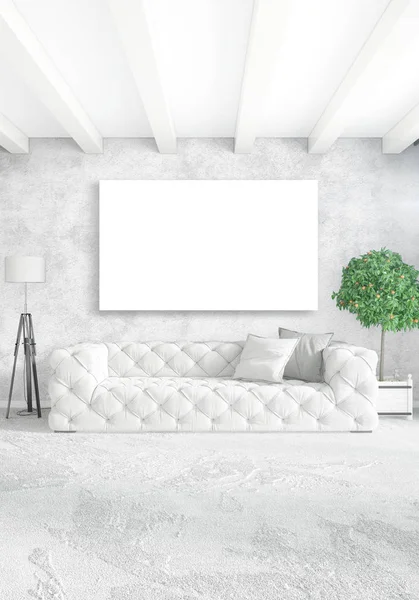 Κρεβατοκάμαρα σοφίτα στον μοντέρνο εσωτερικό σχεδιασμό με εκλεκτική τοίχο και κομψό καναπέ. 3D rendering. — Φωτογραφία Αρχείου