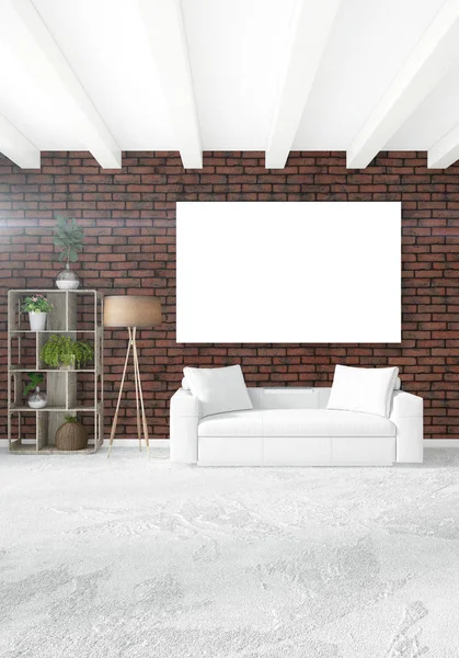 Çatı katı yatak odasında modern tarzı iç tasarım eklektik duvar ve şık kanepe. 3D render.