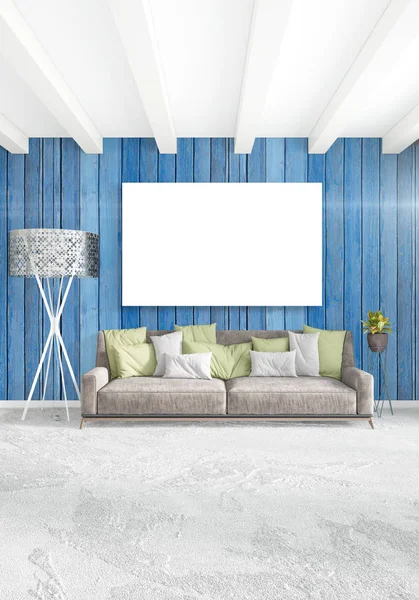 Çatı katı yatak odasında modern tarzı iç tasarım eklektik duvar ve şık kanepe. 3D render.